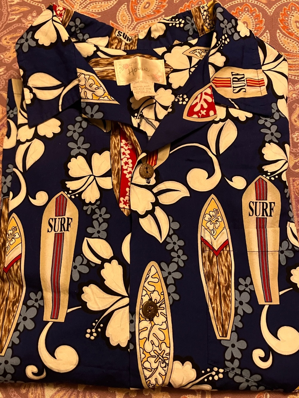 Vintage Howie Made in Hawaii Navy Surfboard Print Button-Down Shirt